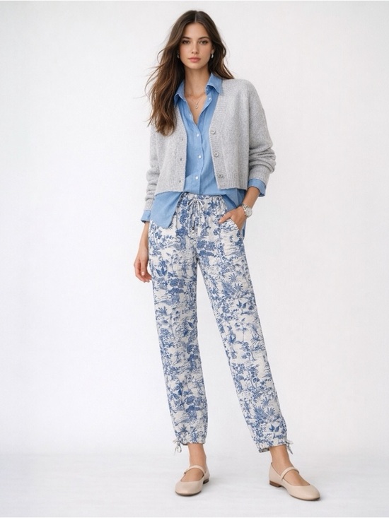 Nicole Miller Pants - Nicole Miller Pants M White Blue Toile Linen Blend Pull On Resort Vacation